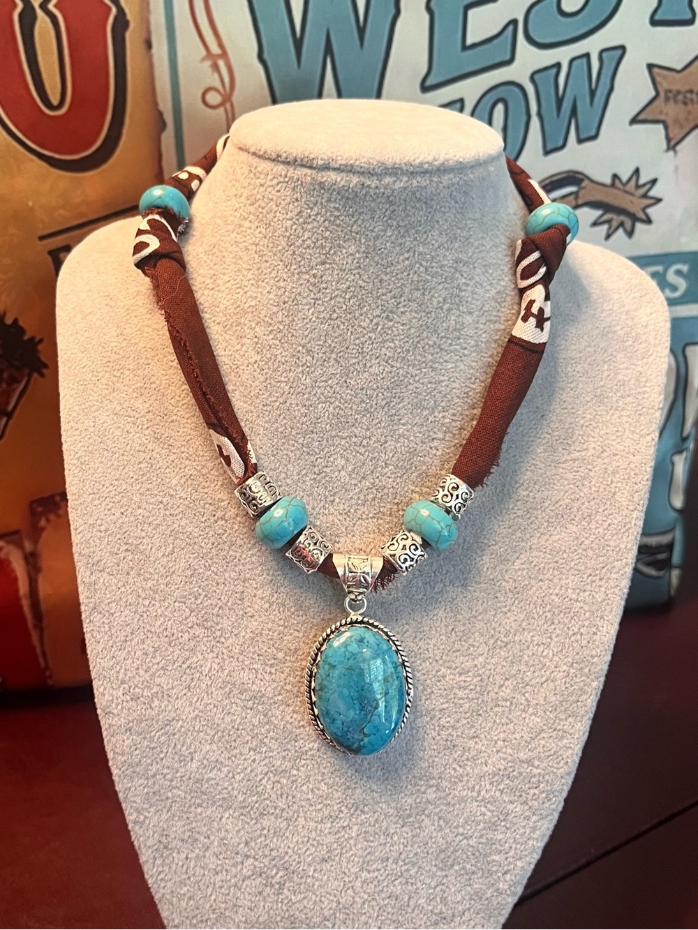 Southwestern Genuine Large Turquoise Pendant on Cinnamon Bandana, Bohemian Style